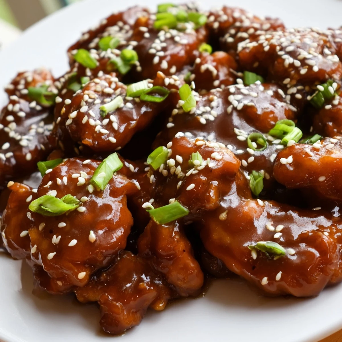 Savory sweet Mongolian chicken wok stir fry with thick caramelized coating topped with toasted sesame seeds and sliced onions