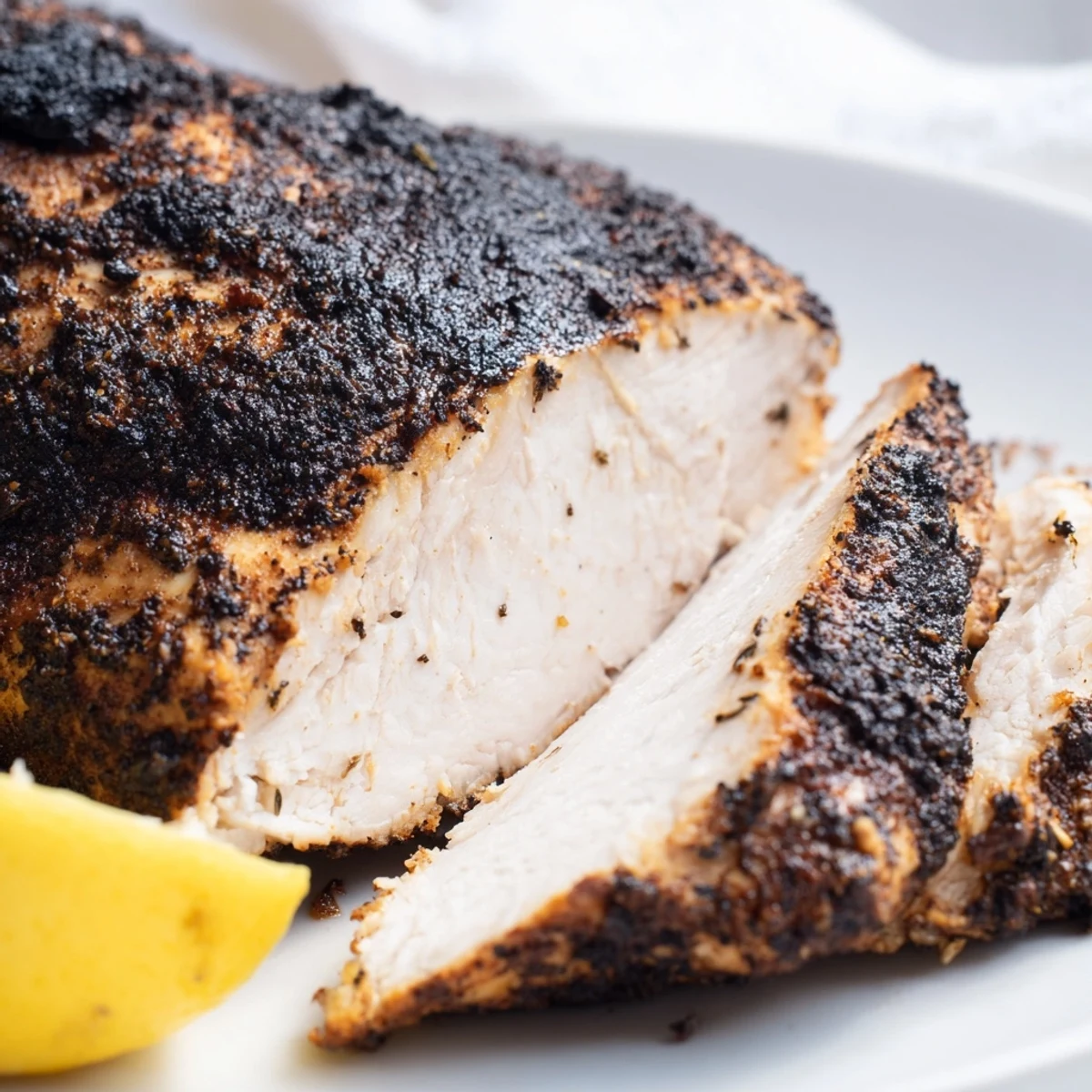 Golden brown blackened chicken breast with dark spicy crust on white plate