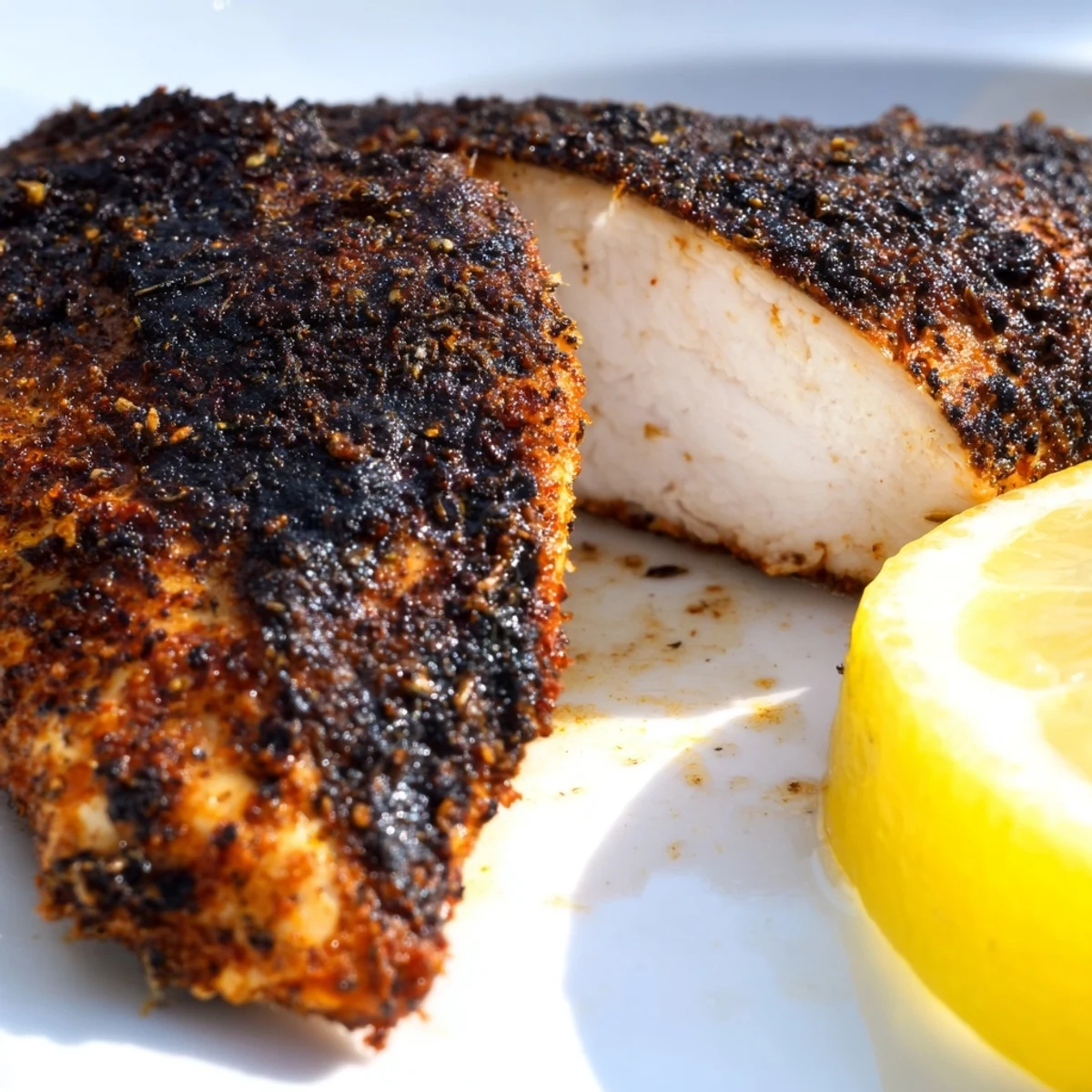 Sizzling blackened chicken in cast iron skillet with melted Cajun spices