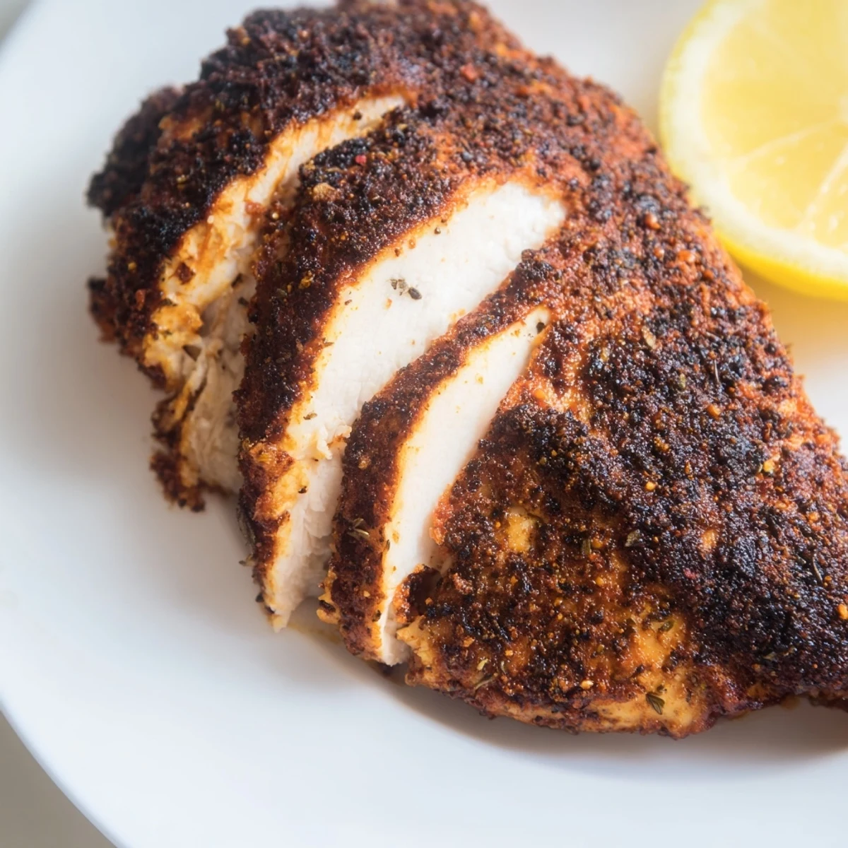 Slice of juicy blackened chicken revealing tender white meat with dark edges