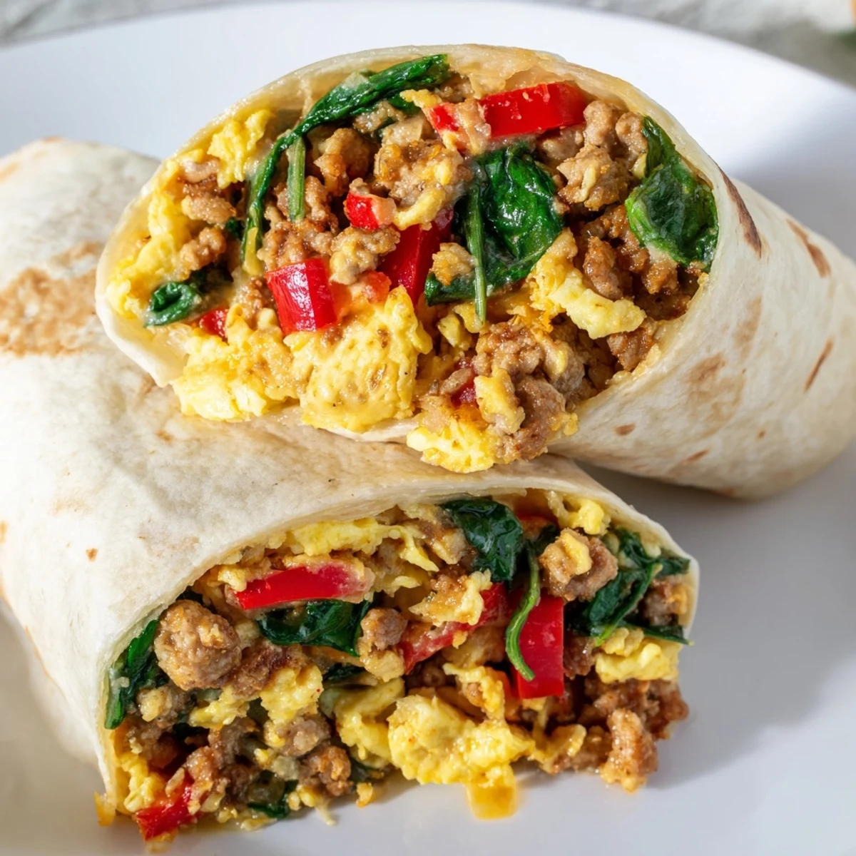 Golden make-ahead breakfast burritos filled with scrambled eggs, sausage, vegetables, and melted cheddar cheese wrapped in warm flour tortillas