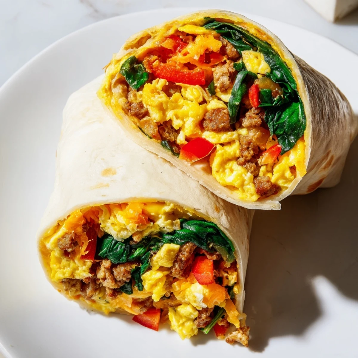 Fluffy breakfast burritos stuffed with seasoned eggs, peppers, spinach, and cheese ready for freezing and quick morning meals