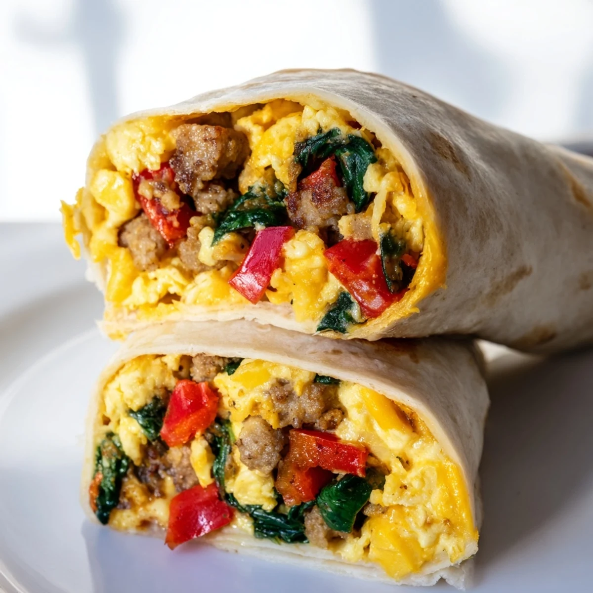 Handheld breakfast burritos featuring savory sausage, egg, cheese, and diced vegetables rolled in soft tortillas for grab-and-go convenience