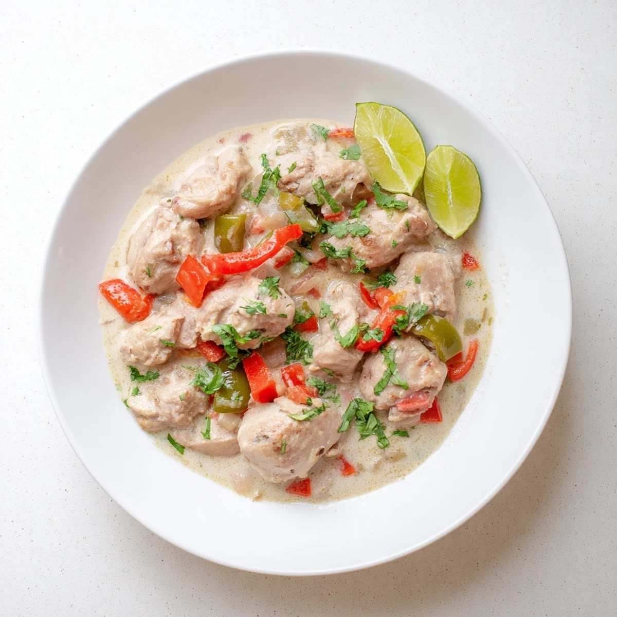 Golden chicken pieces simmered in rich spicy Brazilian coconut sauce with colorful bell peppers