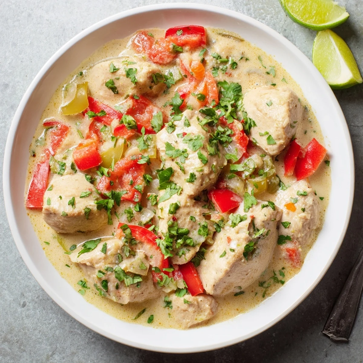 Vibrant one-pot spicy Brazilian coconut chicken served over rice with lime wedges and cilantro garnish
