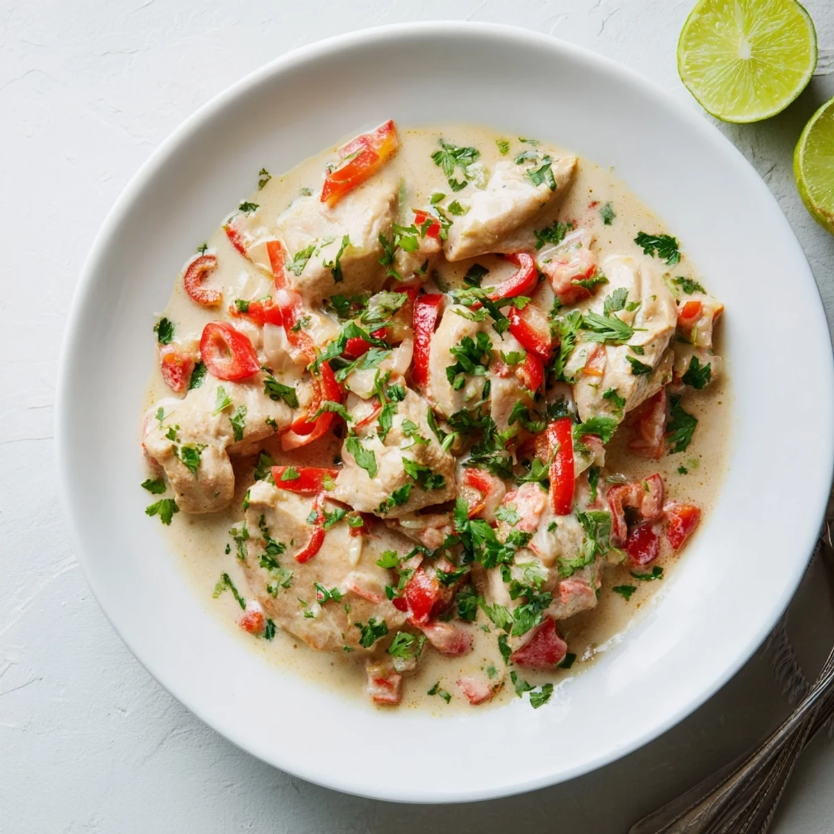 Creamy coconut milk bathes tender spicy Brazilian coconut chicken with diced tomatoes and fresh herbs