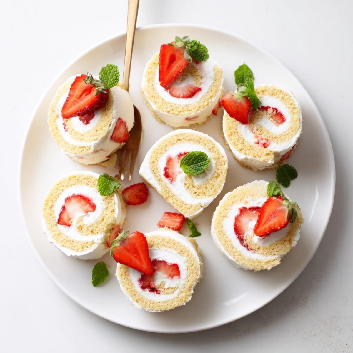 Playful strawberry shortcake sushi rolls featuring vanilla cake, whipped cream, and fresh strawberry slices on white plate