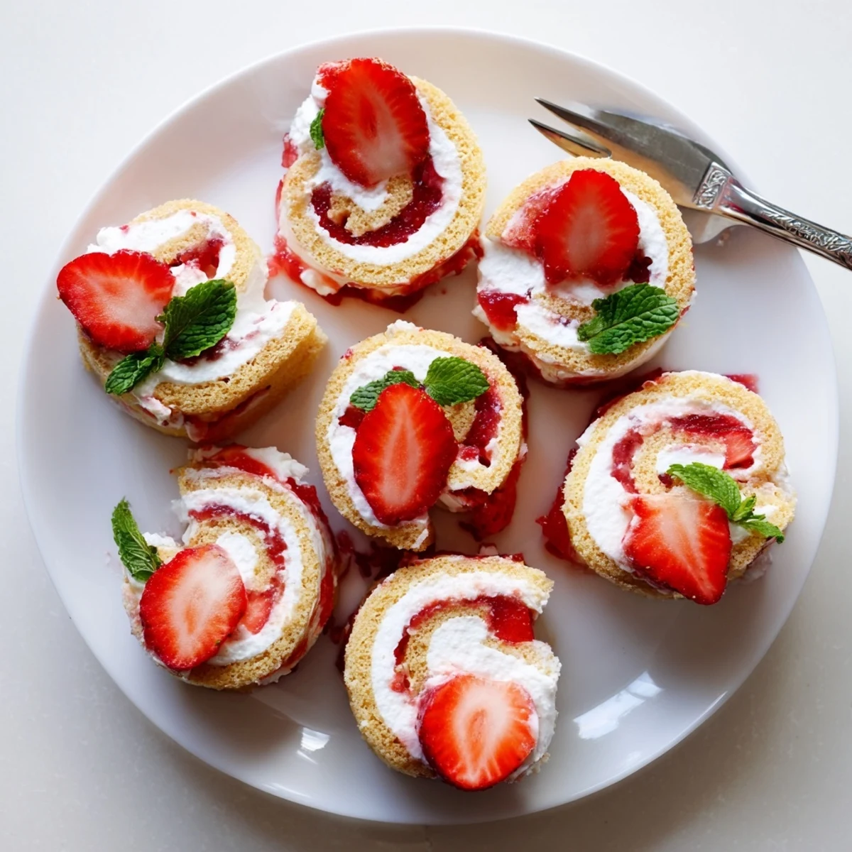 Elegant dessert sushi with soft vanilla sponge cake rolled around sweet diced strawberries and fluffy whipped cream