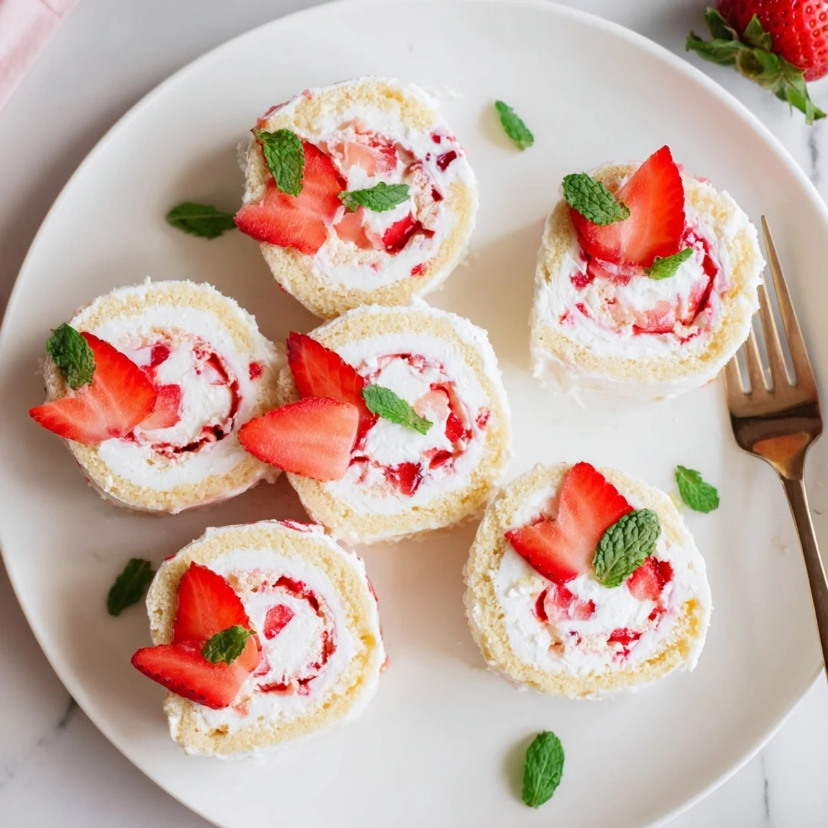 Fusion strawberry shortcake sushi pieces topped with fresh strawberry slices and mint garnish on serving platter