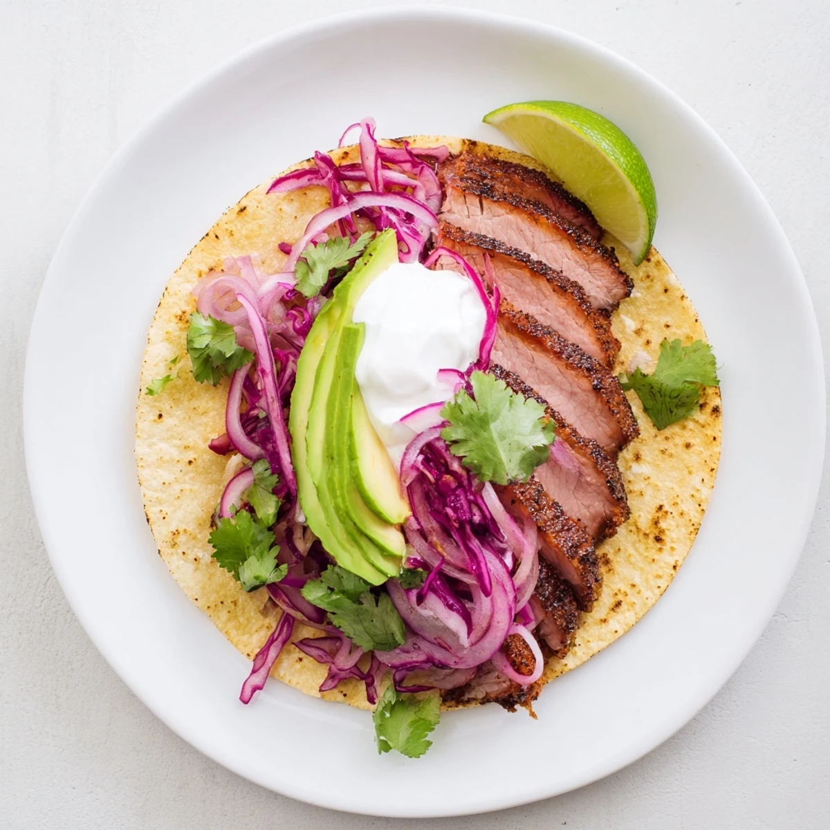 Mediterranean Mexican fusion tacos featuring aromatic roasted lamb with vibrant garnishes and lime wedges