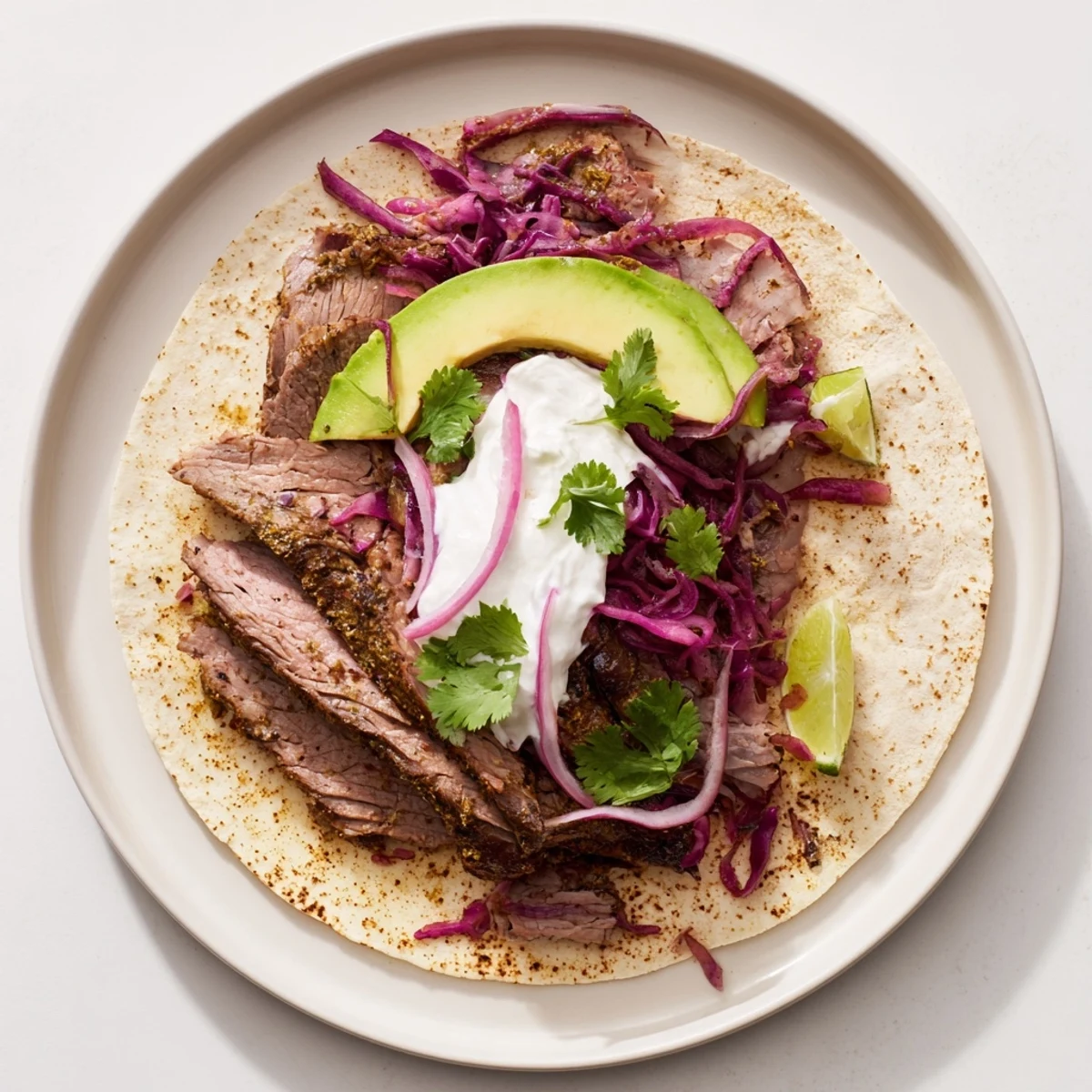 Savory spiced lamb meat nestled in warm tortillas with colorful avocado and crisp cabbage