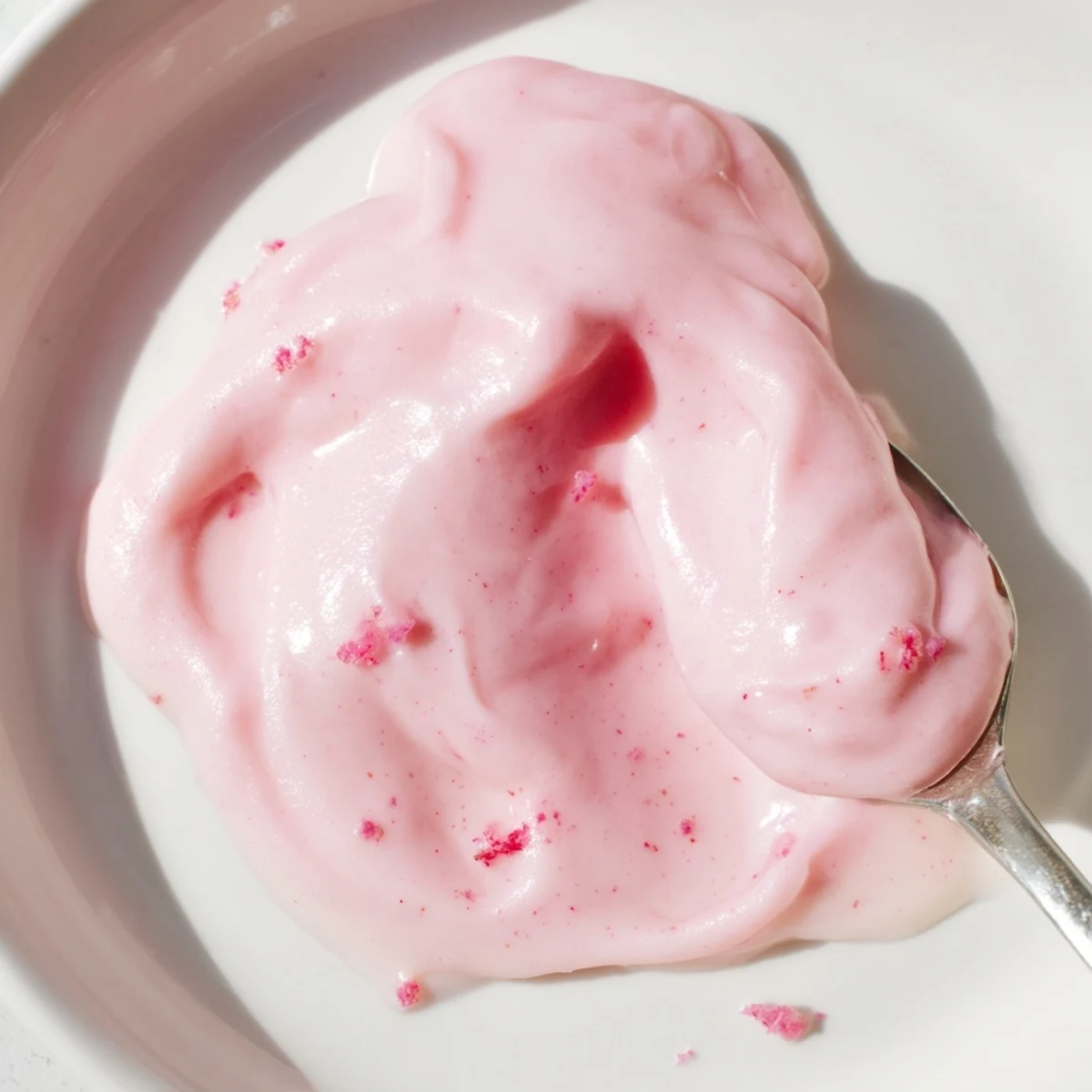Vibrant pink lemon curd in a glass jar, showing its creamy blush-colored texture