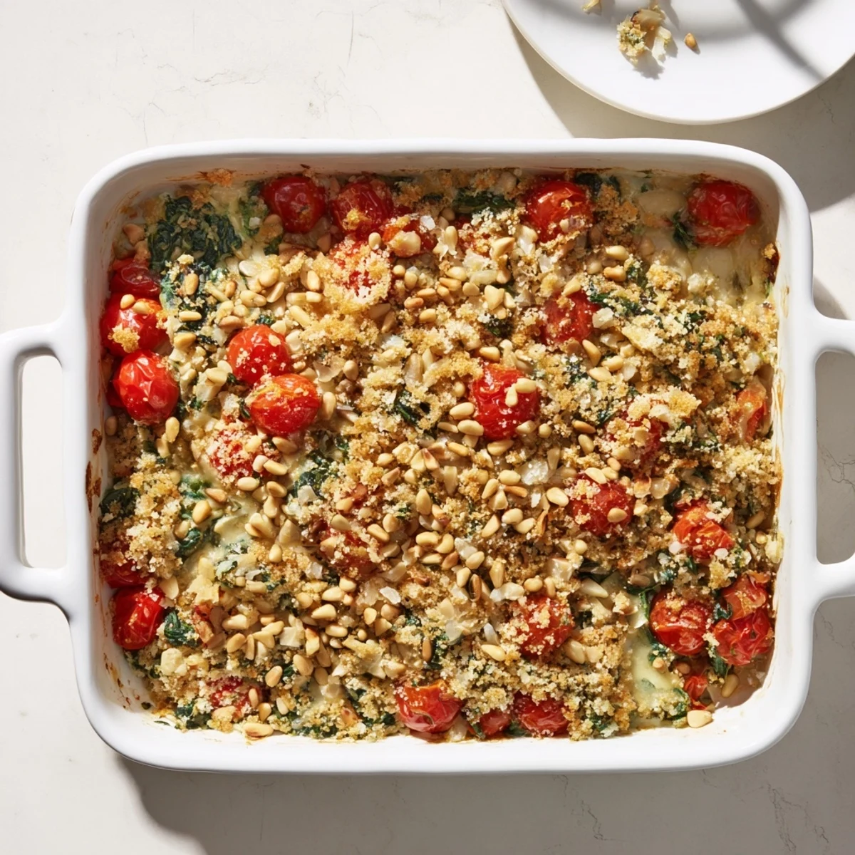 Golden creamy tomato spinach pine nut bake topped with toasted nuts and juicy cherry tomatoes