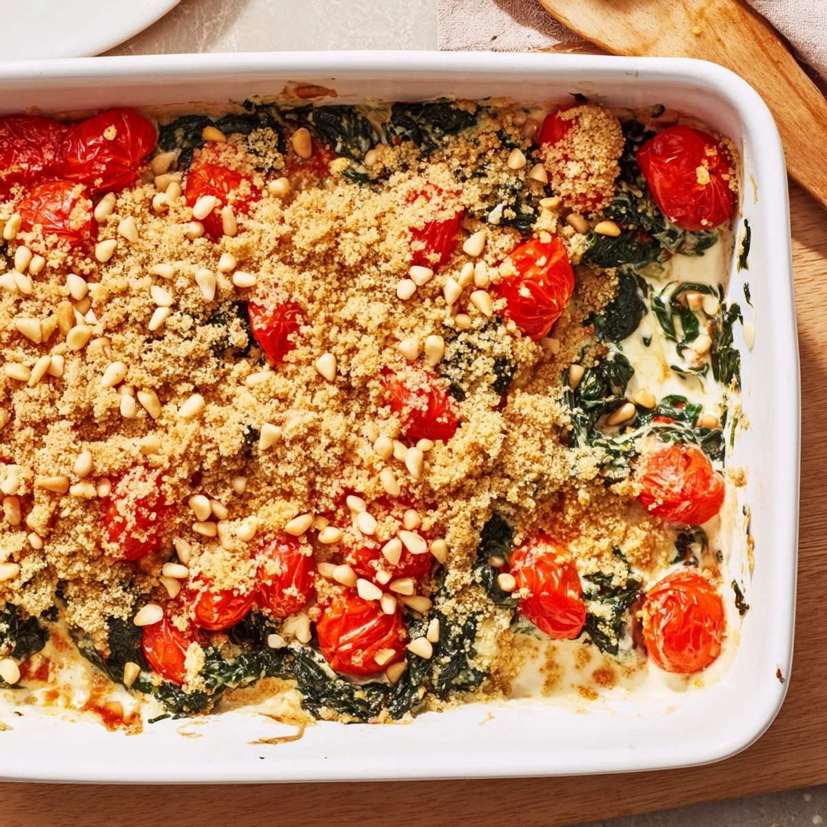 Baked dish featuring layered spinach, tomatoes, and pine nuts in a rich savory cream sauce