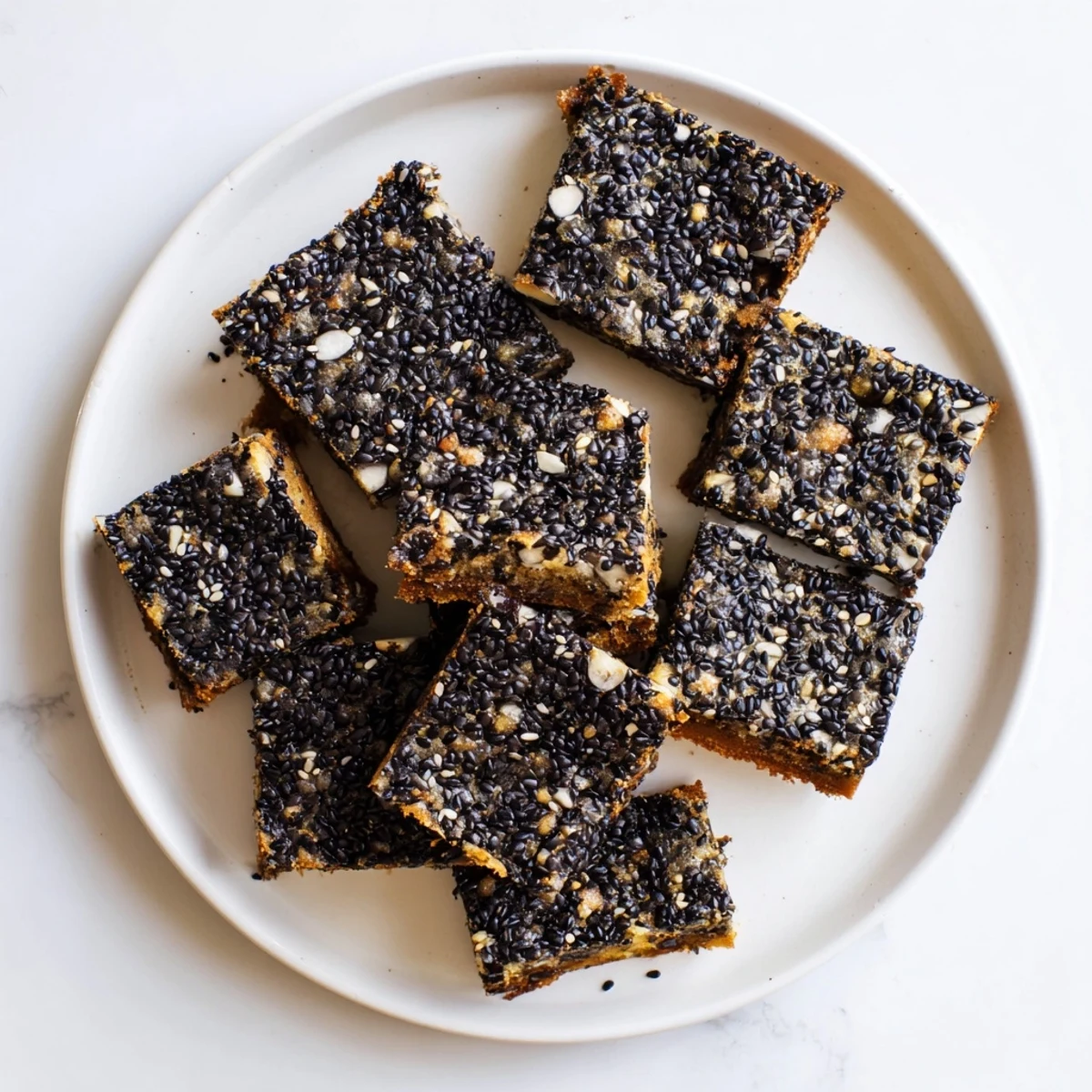 Chewy black sesame blondies sprinkled with toasted sesame seeds on a parchment-lined baking sheet
