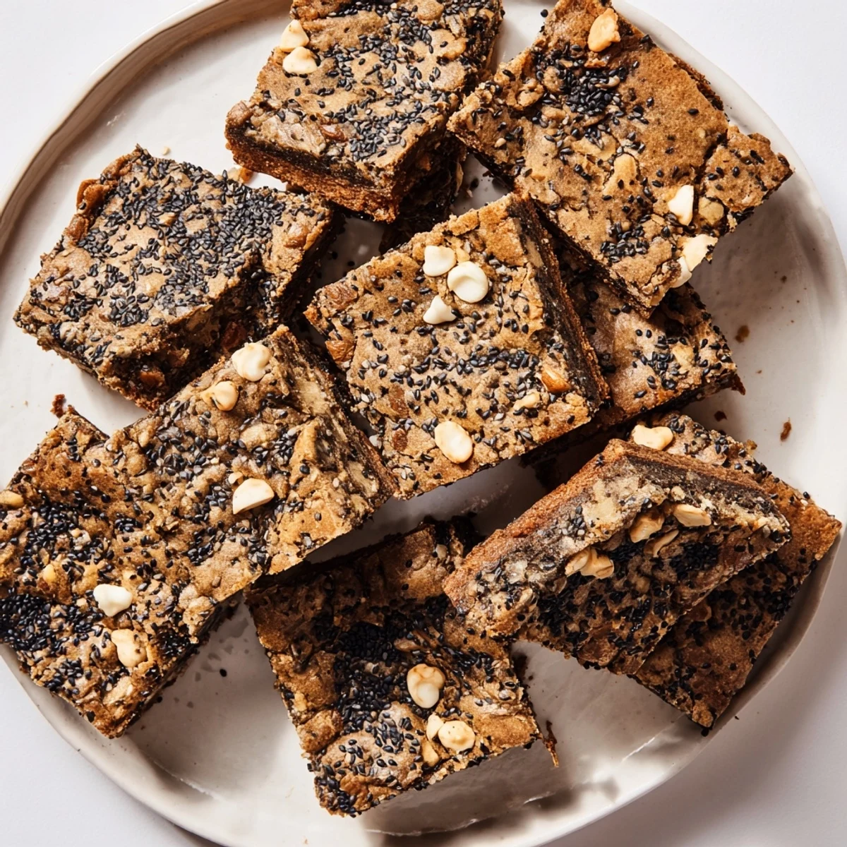 Buttery black sesame blondies featuring a crackly top and dark sesame seed garnish