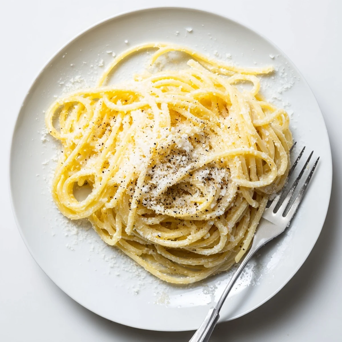 Creamy Cacio e Pepe Pasta with glossy Pecorino Romano coating al dente spaghetti strands