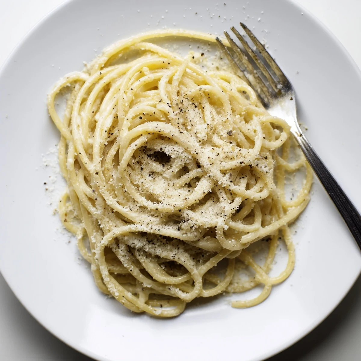 Twirled Cacio e Pepe Pasta showcasing silky cheese sauce clinging to each noodle generously