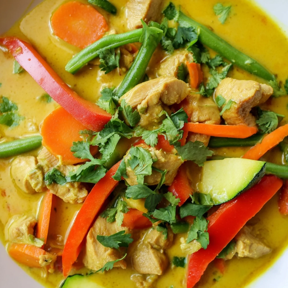 Golden yellow jungle chicken curry simmered with colorful vegetables in rich coconut sauce