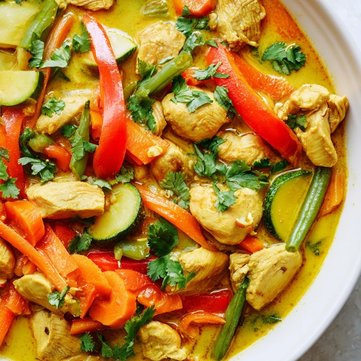 Tender chicken pieces in aromatic Thai yellow curry with bell peppers and fresh herbs