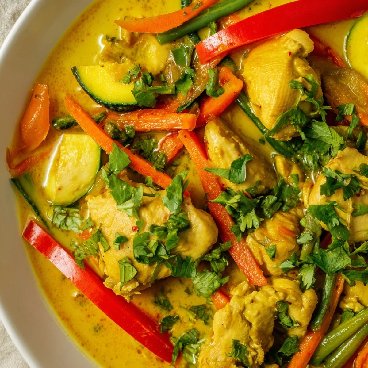 Creamy yellow jungle chicken curry served over rice with vibrant vegetable medley