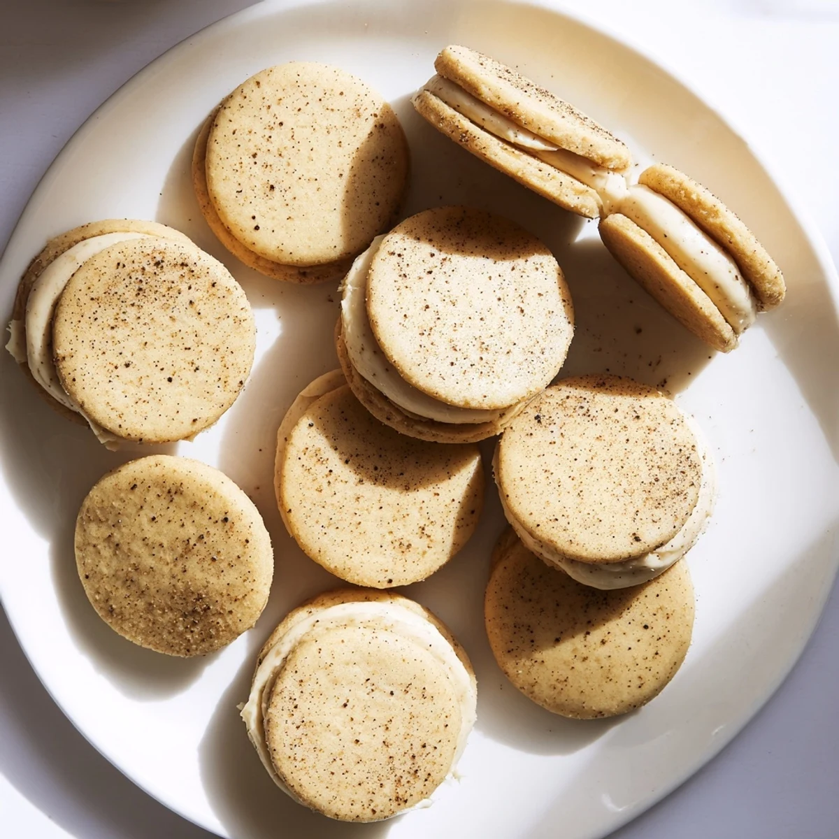 Golden chai shortbread cookie sandwiches filled with creamy spiced frosting on a white plate