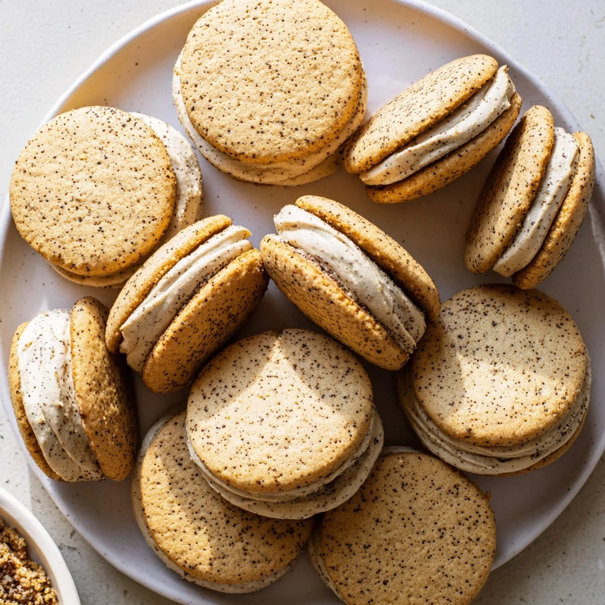 Buttery chai spiced shortbread cookies sandwiched with sweet vanilla chai frosting close up view