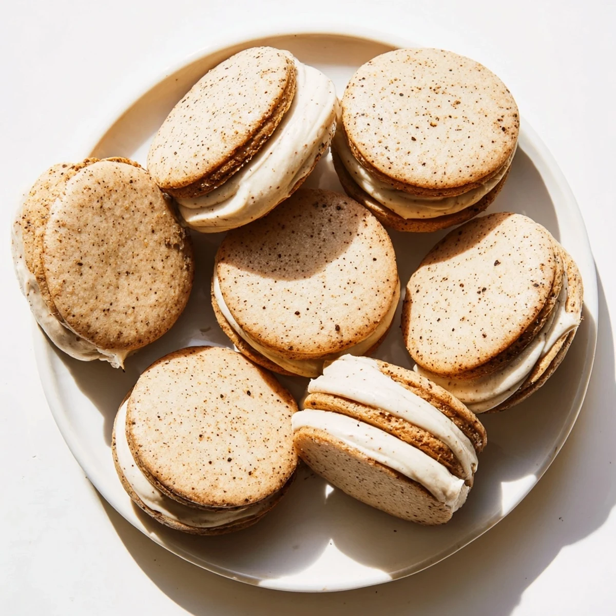 Two delicate chai shortbread cookie sandwiches stacked with chai spice filling visible between layers