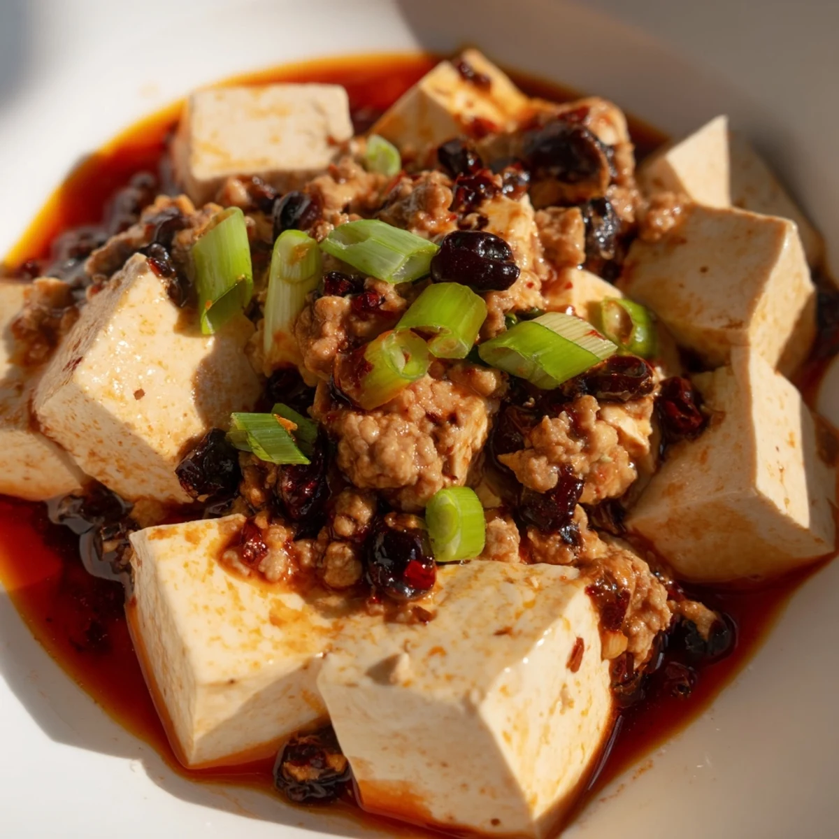 Silky tofu cubes and ground pork simmered in spicy Mapo Tofu with aromatic Sichuan peppercorns and red chili sauce