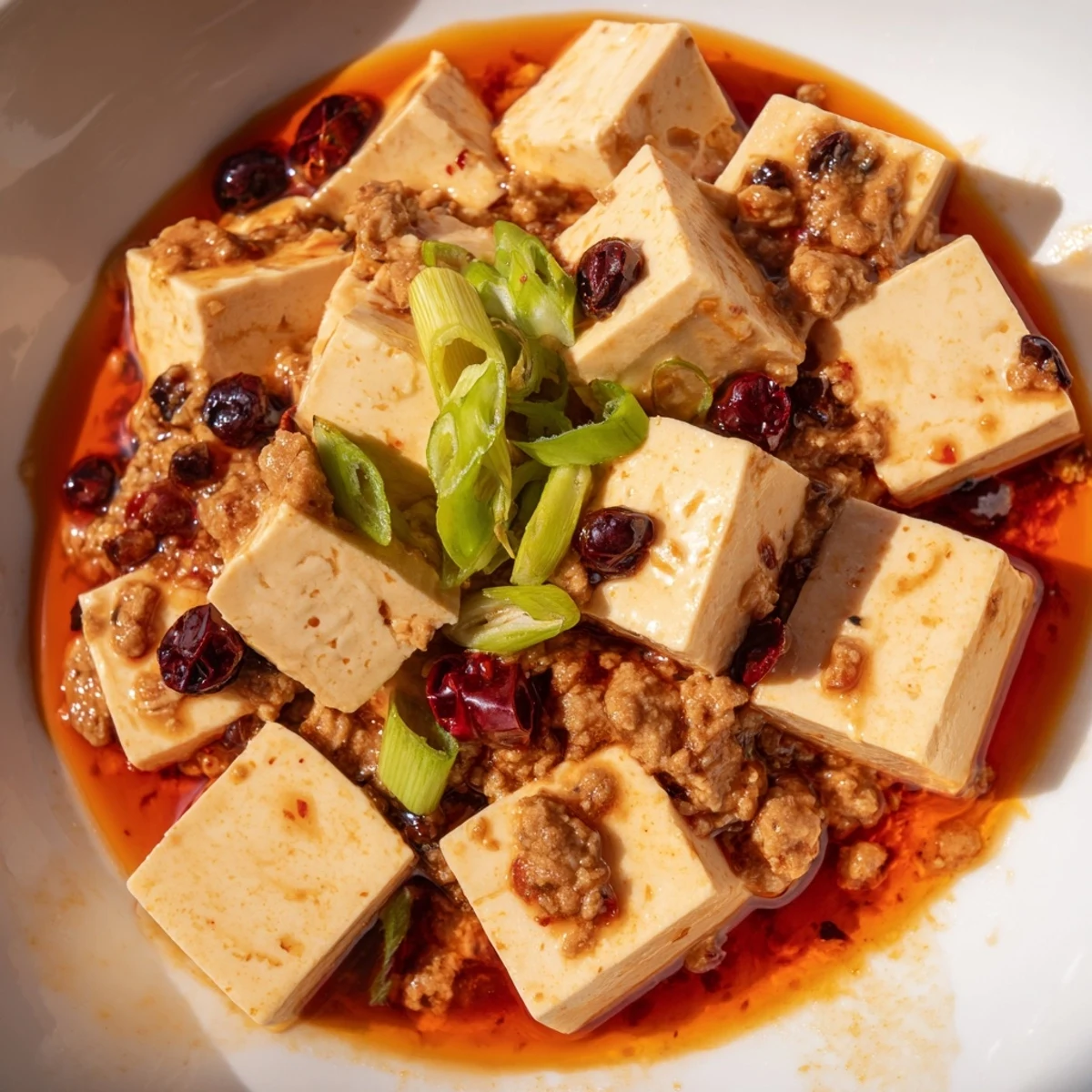 Glowing red Mapo Tofu dish with creamy tofu and savory ground pork, topped with green onions and ground peppercorns