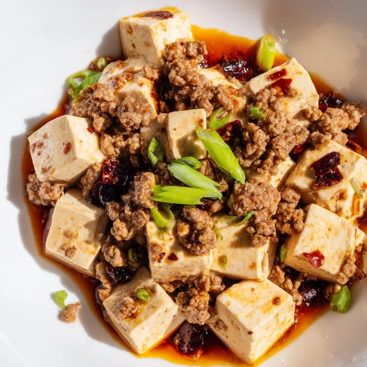Homemade Mapo Tofu featuring tender tofu in a rich, numbing sauce garnished with fresh scallions and served over steamed white rice