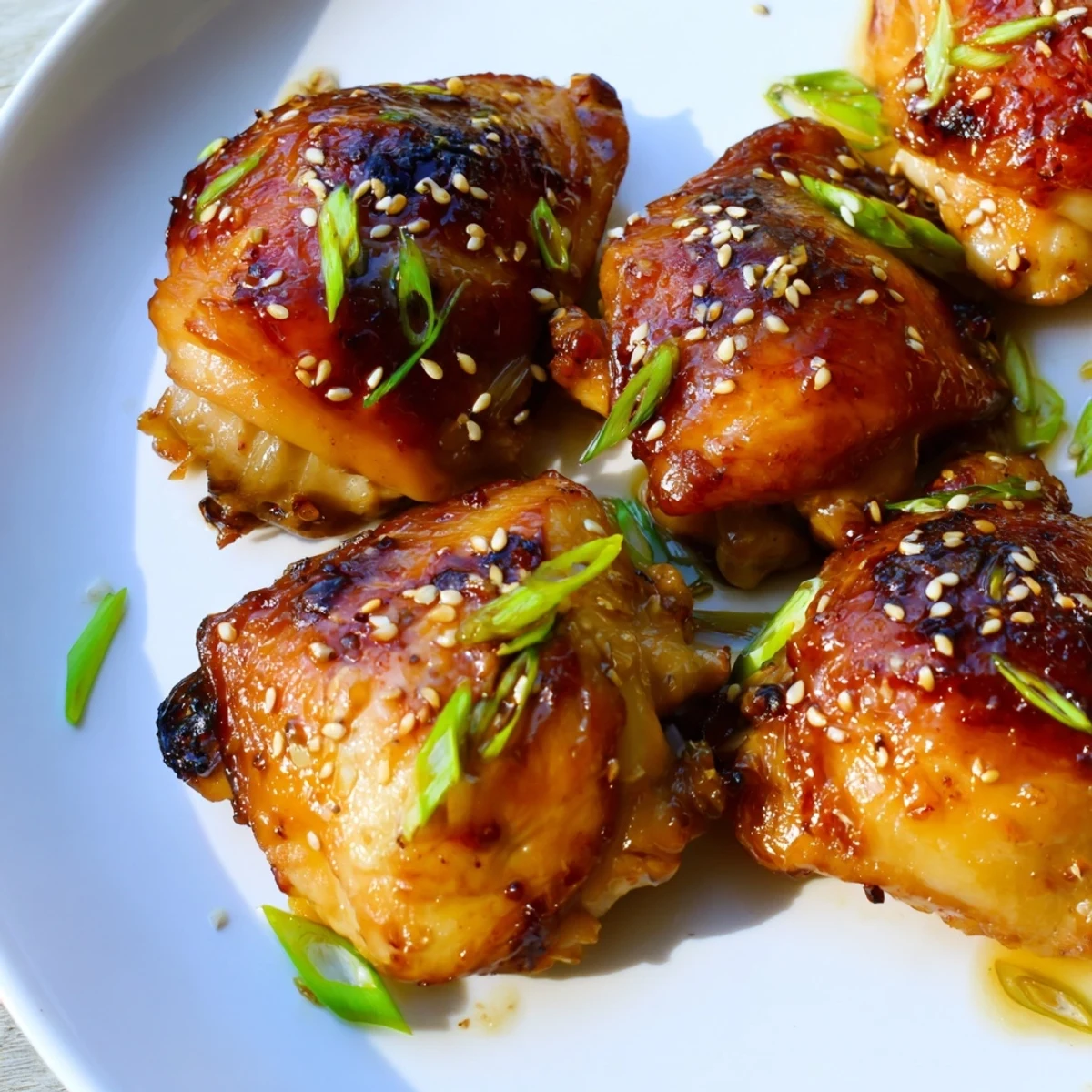 Fragrant Chinese five spice chicken thighs garnished with fresh scallions and sesame seeds