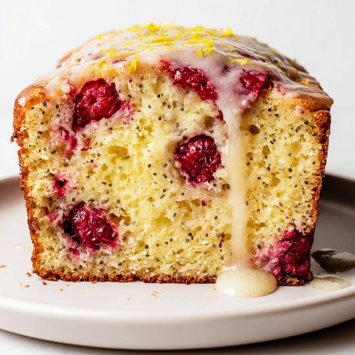 Golden raspberry lemon poppyseed loaf cake drizzled with white lemon glaze on a rustic wooden board