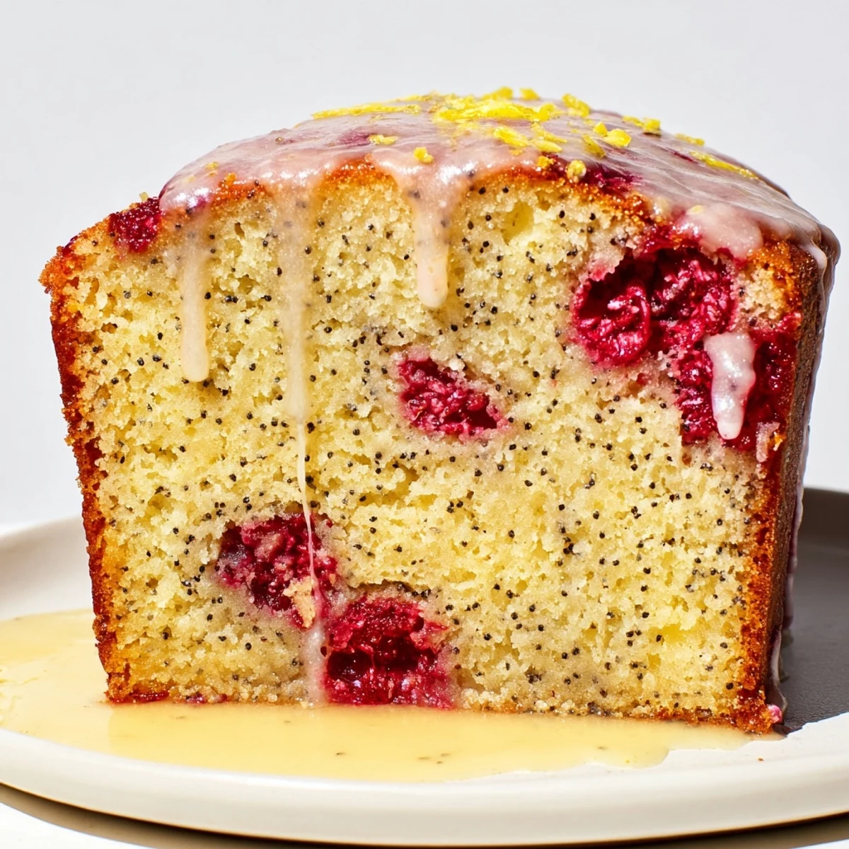 Moist slice of raspberry lemon poppyseed loaf cake showing fresh red berries and tiny black poppy seeds