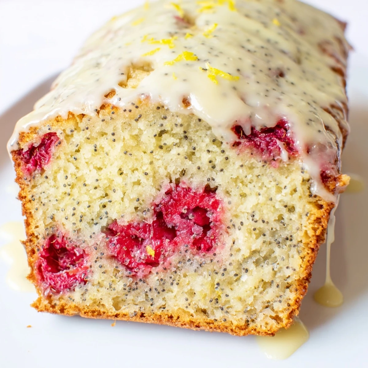 Rustic raspberry lemon poppyseed loaf cake topped with tangy lemon glaze and fresh raspberries on white plate