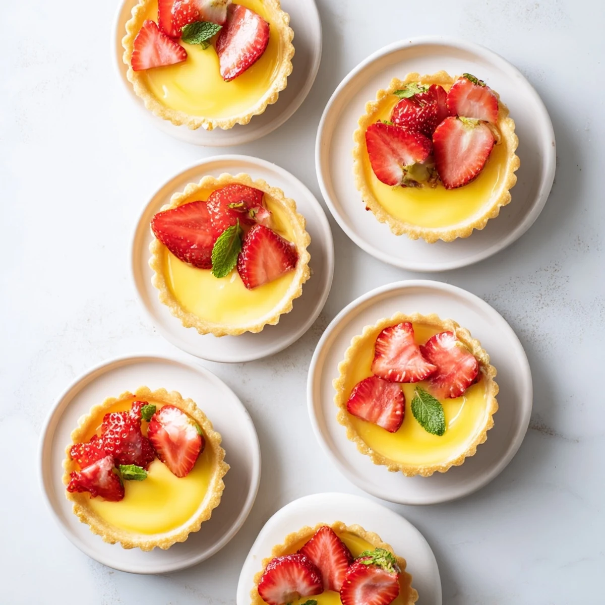Golden buttery tart shells filled with layers of smooth honey custard and bright lemon curd topped with fresh strawberry slices