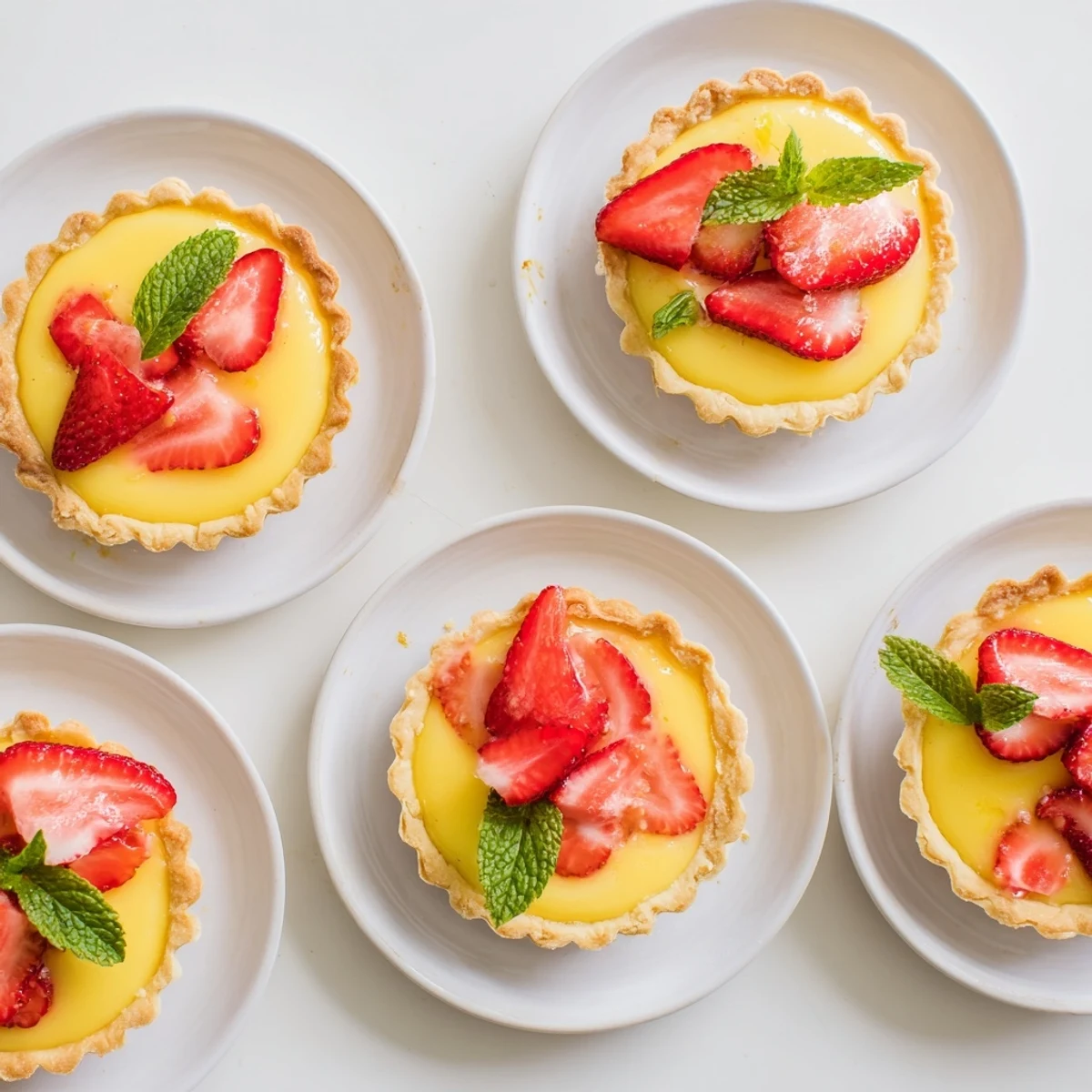Six individual strawberry honey custard tarts featuring swirled lemon curd and ripe red strawberries arranged on golden pastry crusts