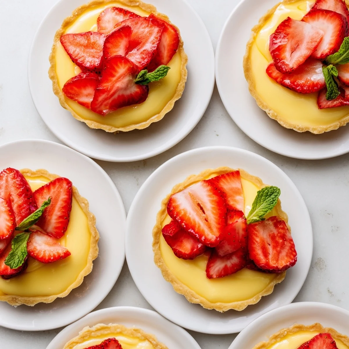 Close-up of European-style dessert tart showcasing honey vanilla custard, tangy lemon layer, and vibrant strawberry garnish on flaky pastry