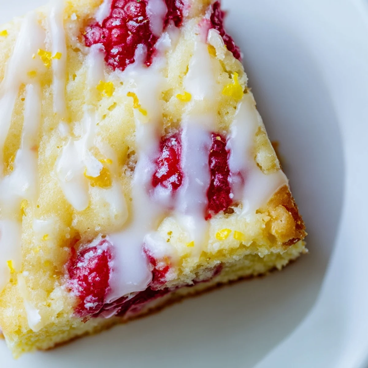 Golden raspberry lemon blondies topped with zesty white glaze on a decorative serving plate