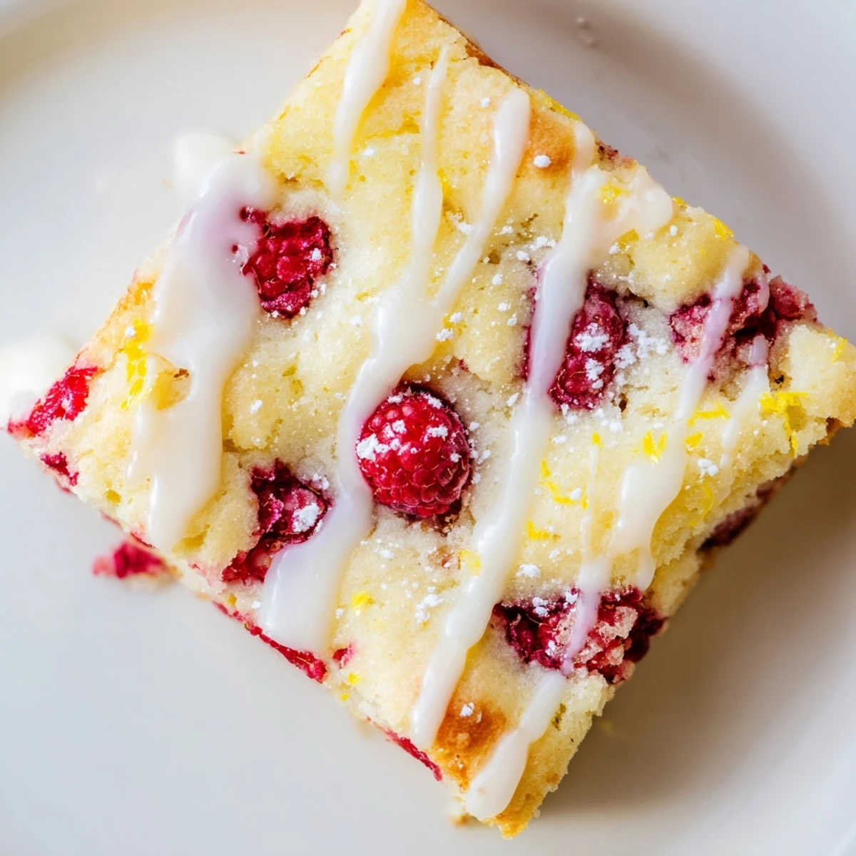 Baked raspberry lemon blondies squares with tangy glaze on rustic wooden cutting board