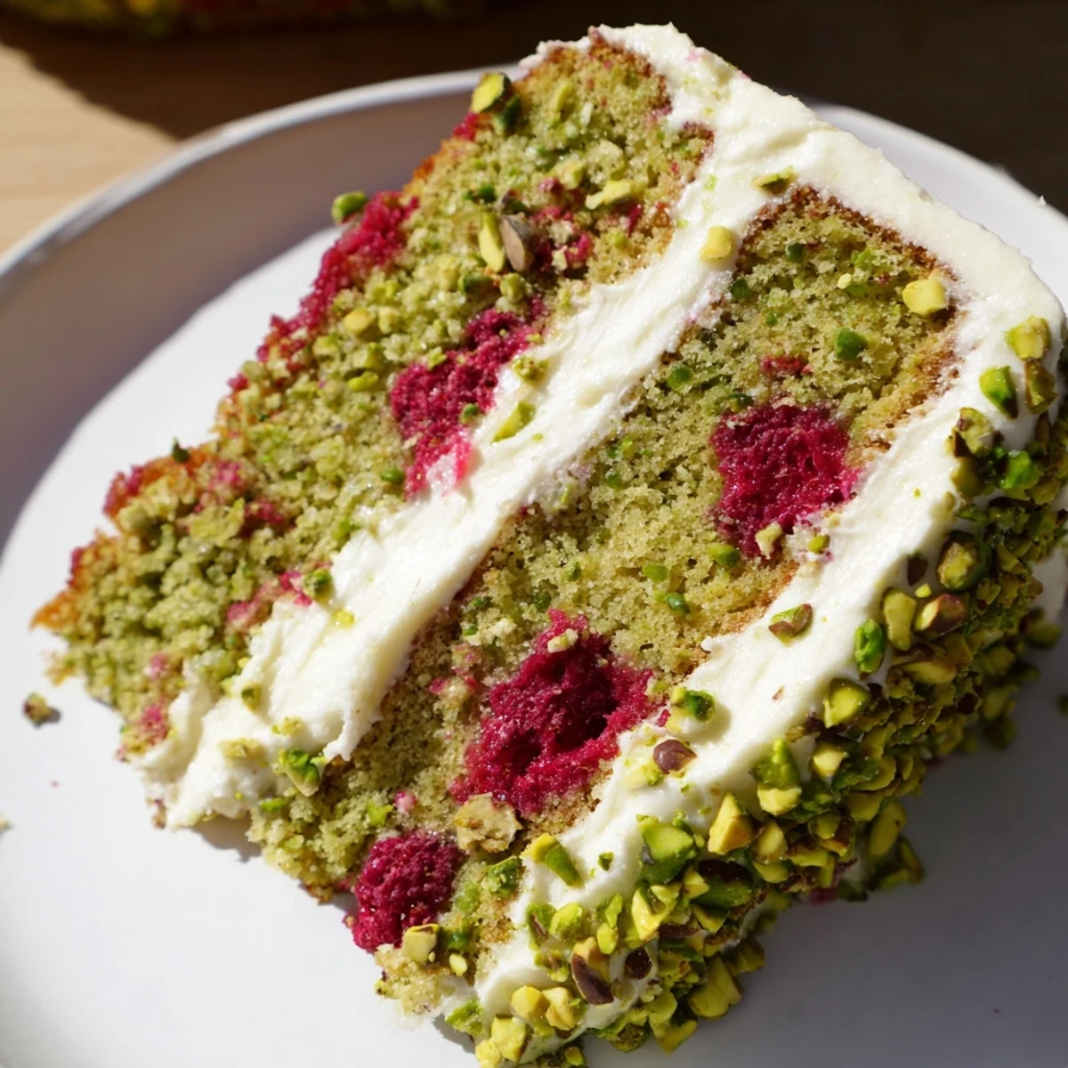 Homemade pistachio raspberry cake layered with creamy frosting and topped with fresh berries