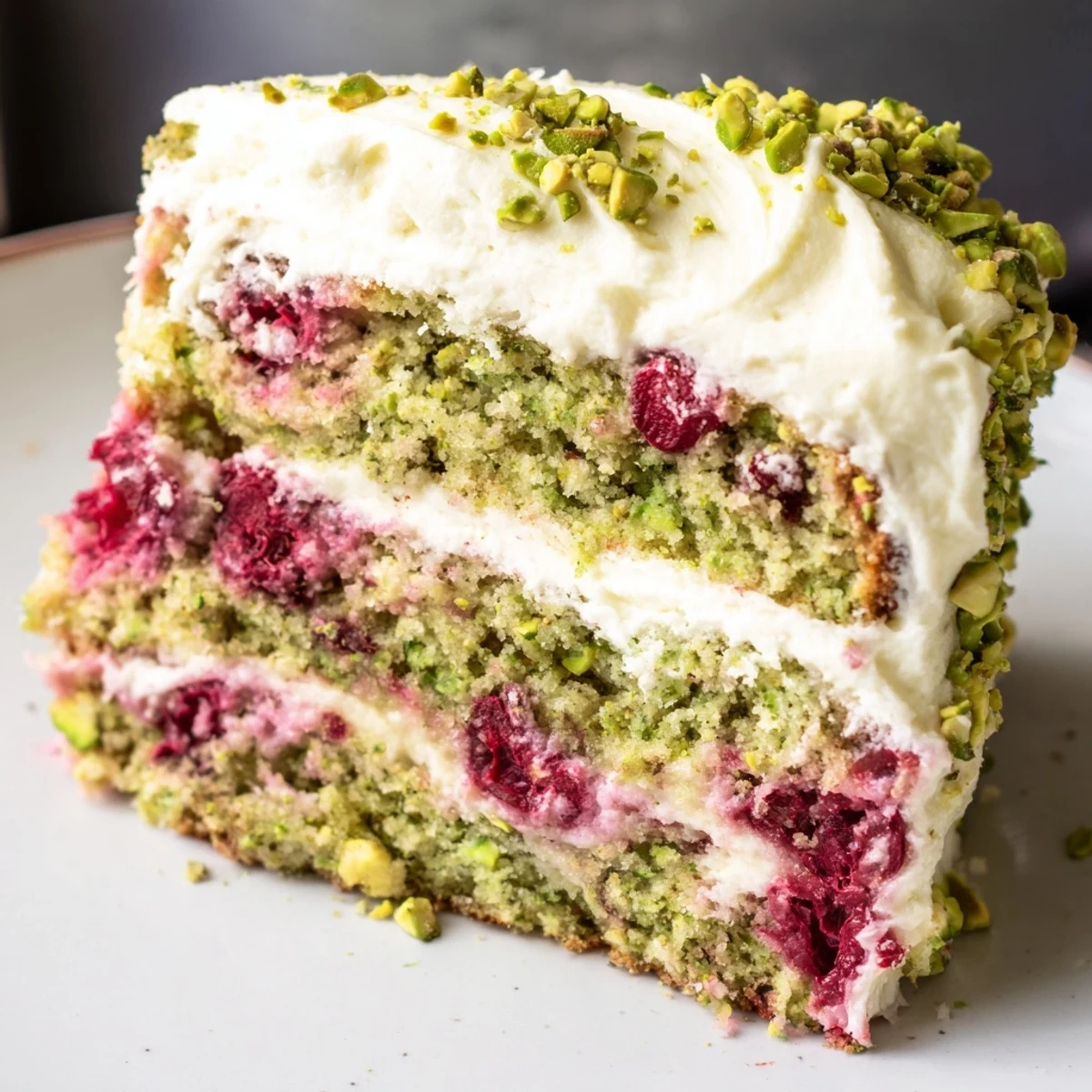 Slice of moist pistachio raspberry cake decorated with chopped nuts and vibrant red berries