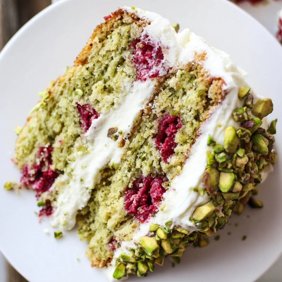 Green pistachio cake swirled with tart raspberries and covered in smooth cream cheese frosting