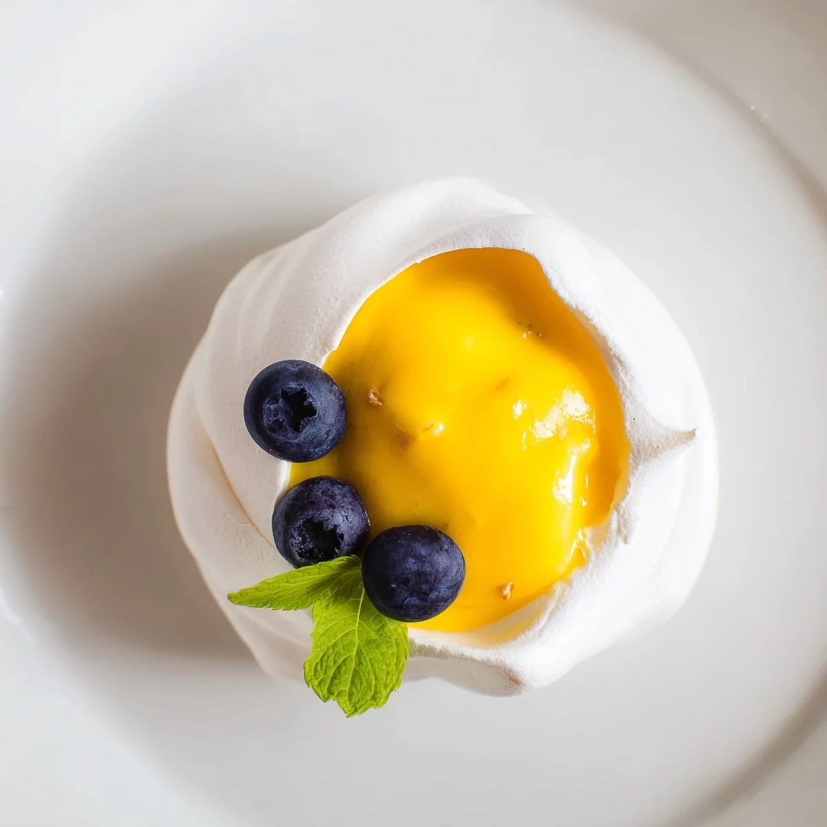 Elegant gluten-free meringues with citrus curd garnished with mint and edible flowers