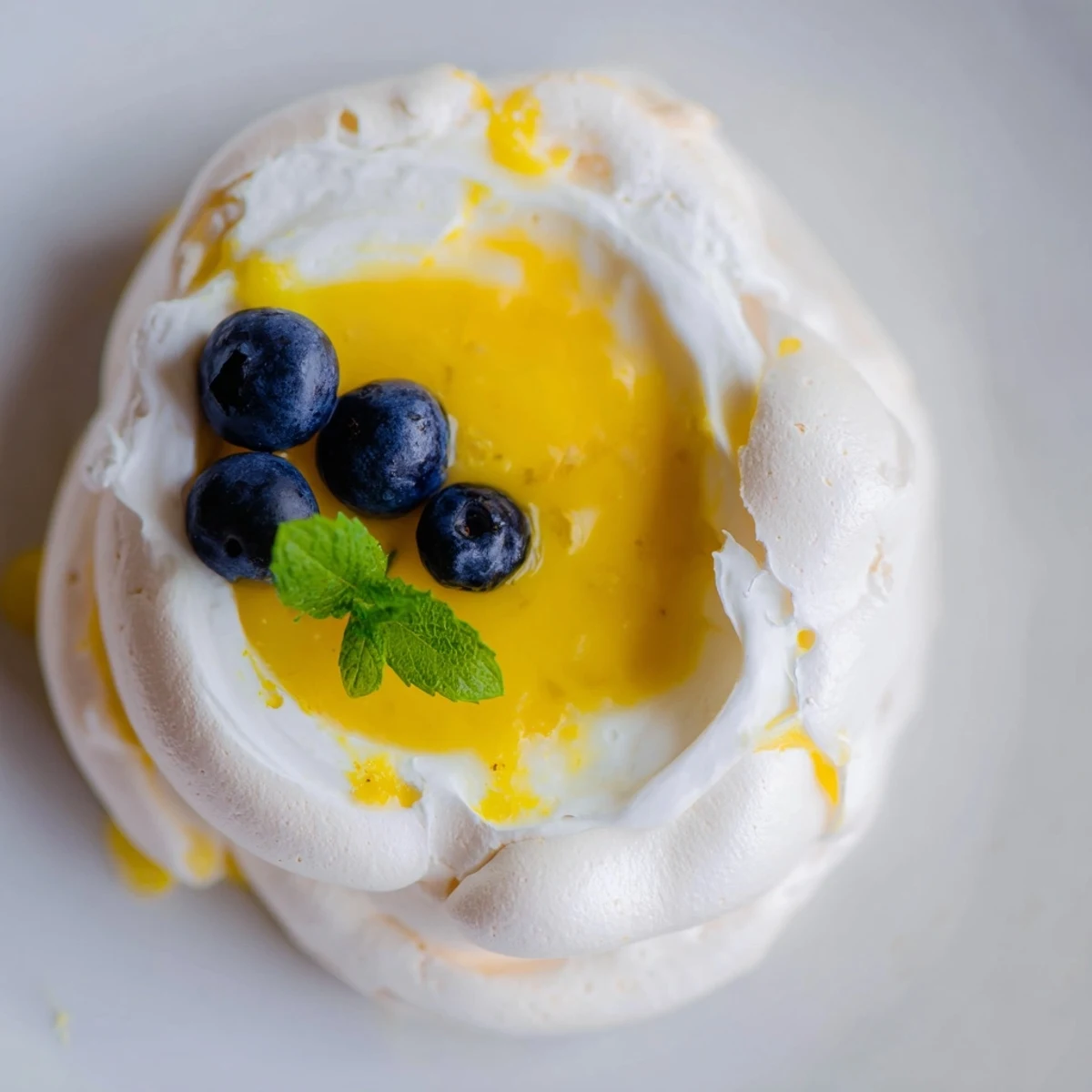 Light airy meringue shells paired with tangy lemon-orange curd on white serving plate