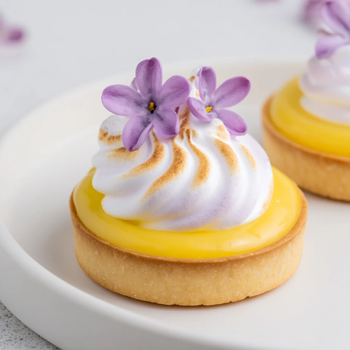 Crisp tart shell filled with tangy lemon curd beneath fluffy lilac-infused meringue swirls