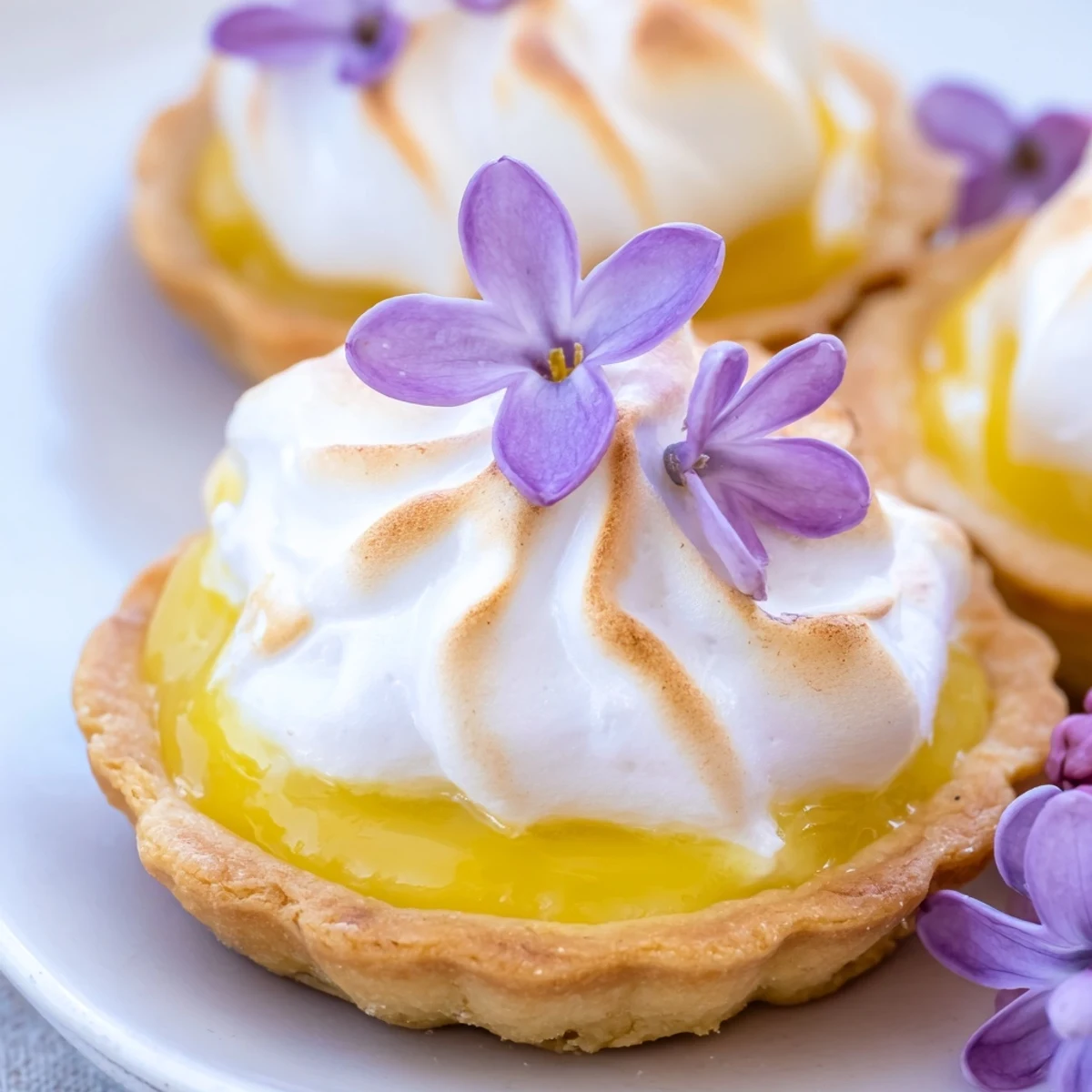 Golden mini lemon tart with lilac meringue topped with toasted peaks and edible flowers