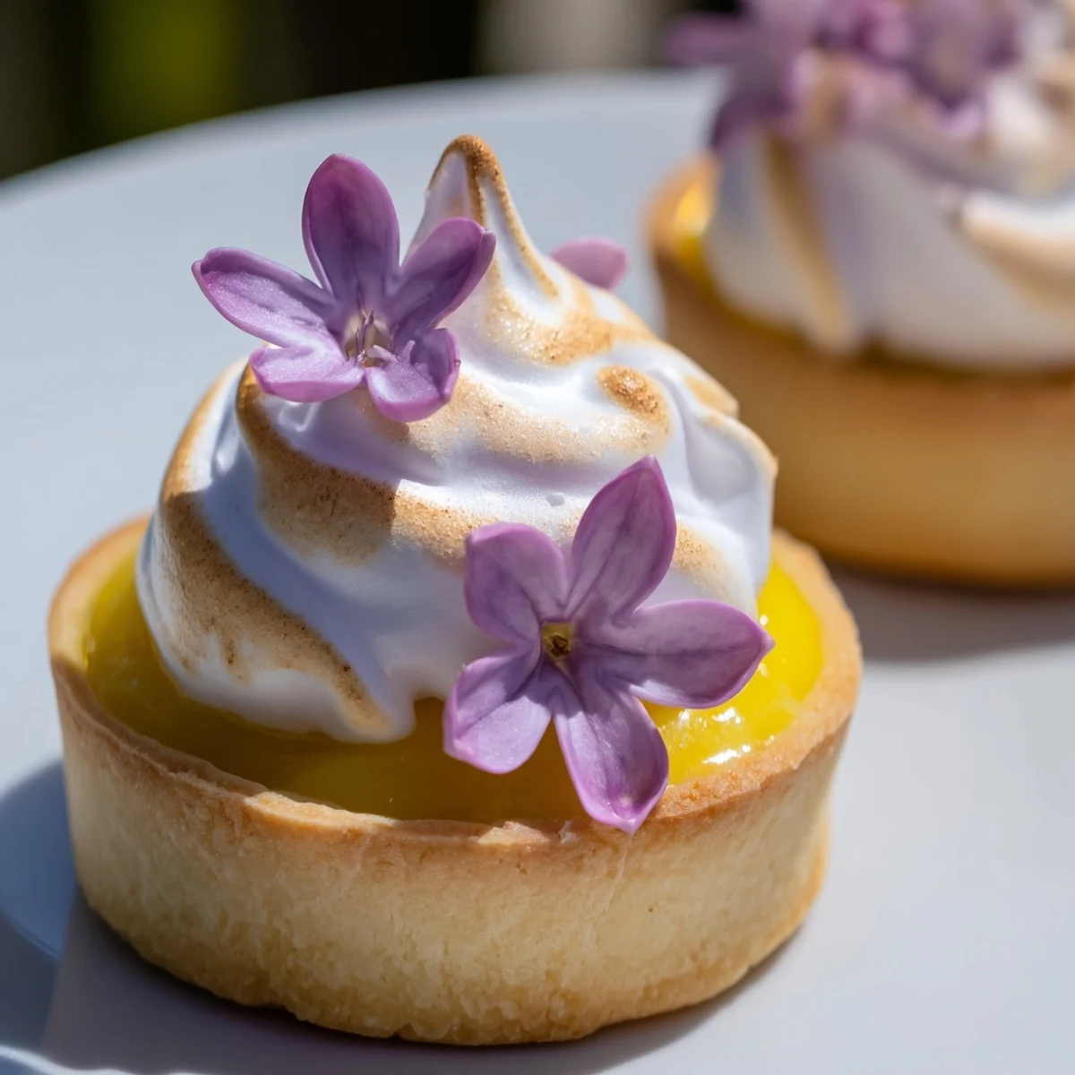 French-inspired mini lemon tart featuring floral lilac meringue garnished with fresh blossoms