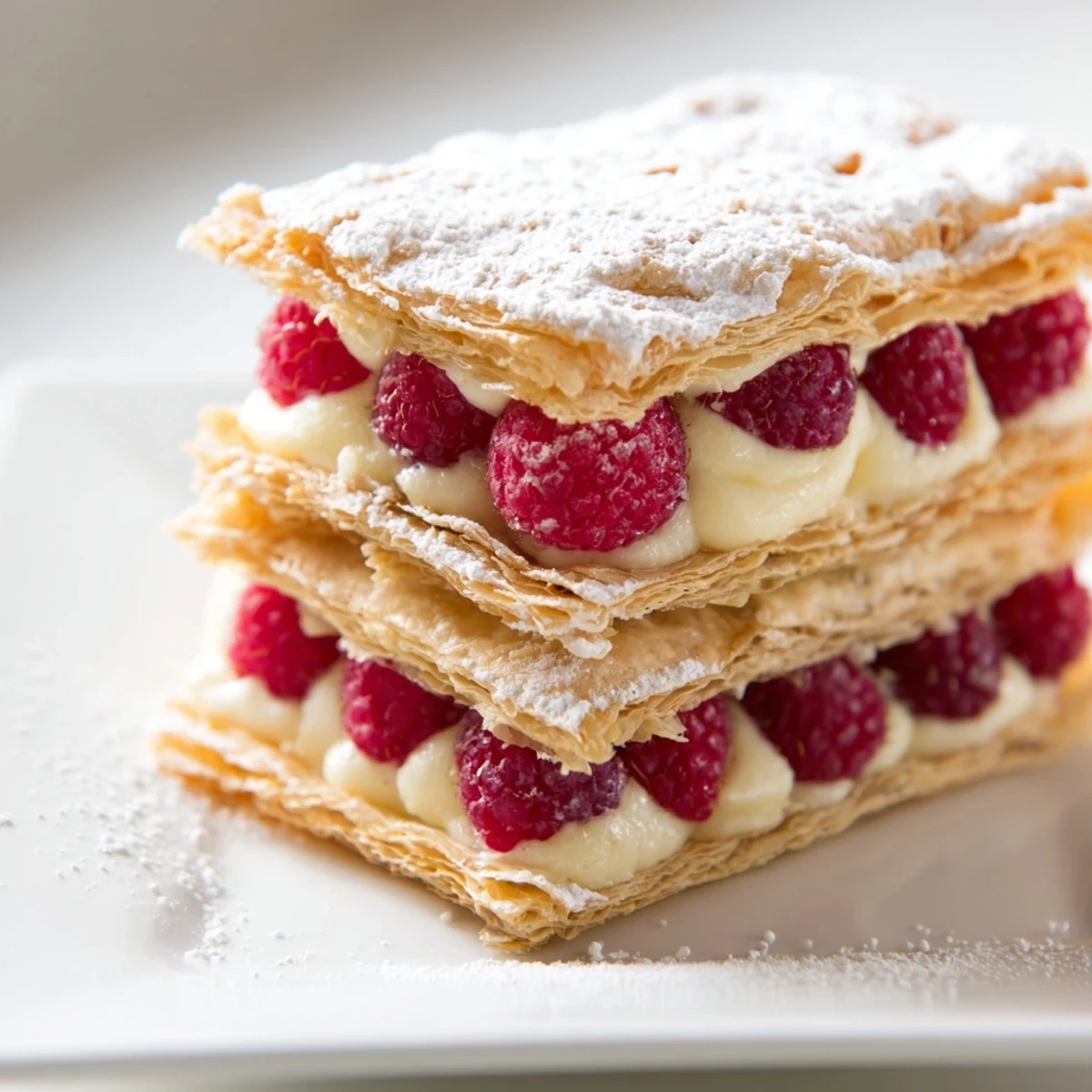 Golden raspberry cream Napoleons stacked with fluffy vanilla pastry cream and vibrant fresh berries