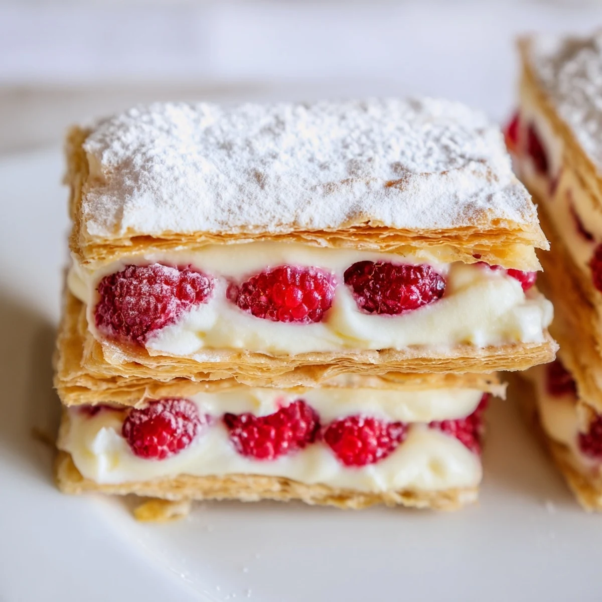 Triple-layer raspberry cream Napoleons featuring crisp puff pastry filled with vanilla custard and raspberries